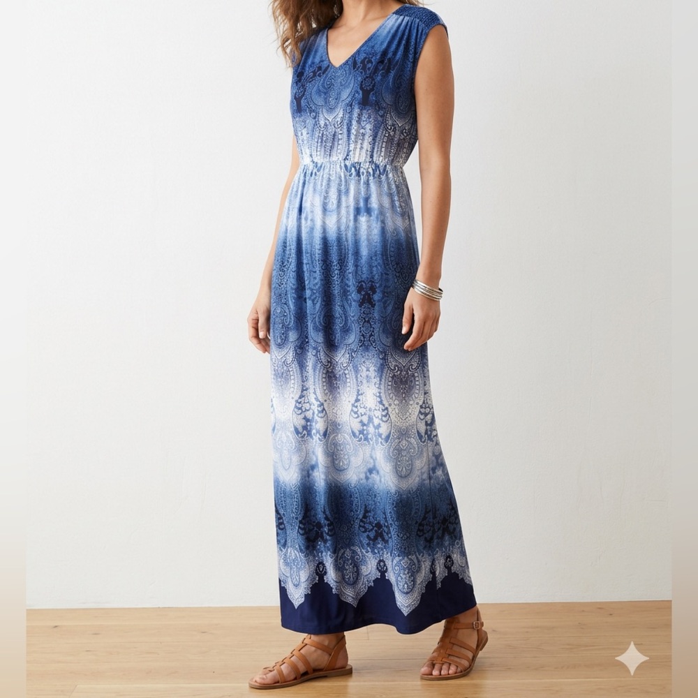 Chico's Blue Paisley Mandala Maxi Dress Size 2 Fits XL 12 14 V-Neck Stretch💛